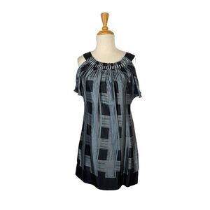 Kas New York S Blue Gray Silk Plaid Shift Dress Y2K VTG Cold Shoulder Art Party